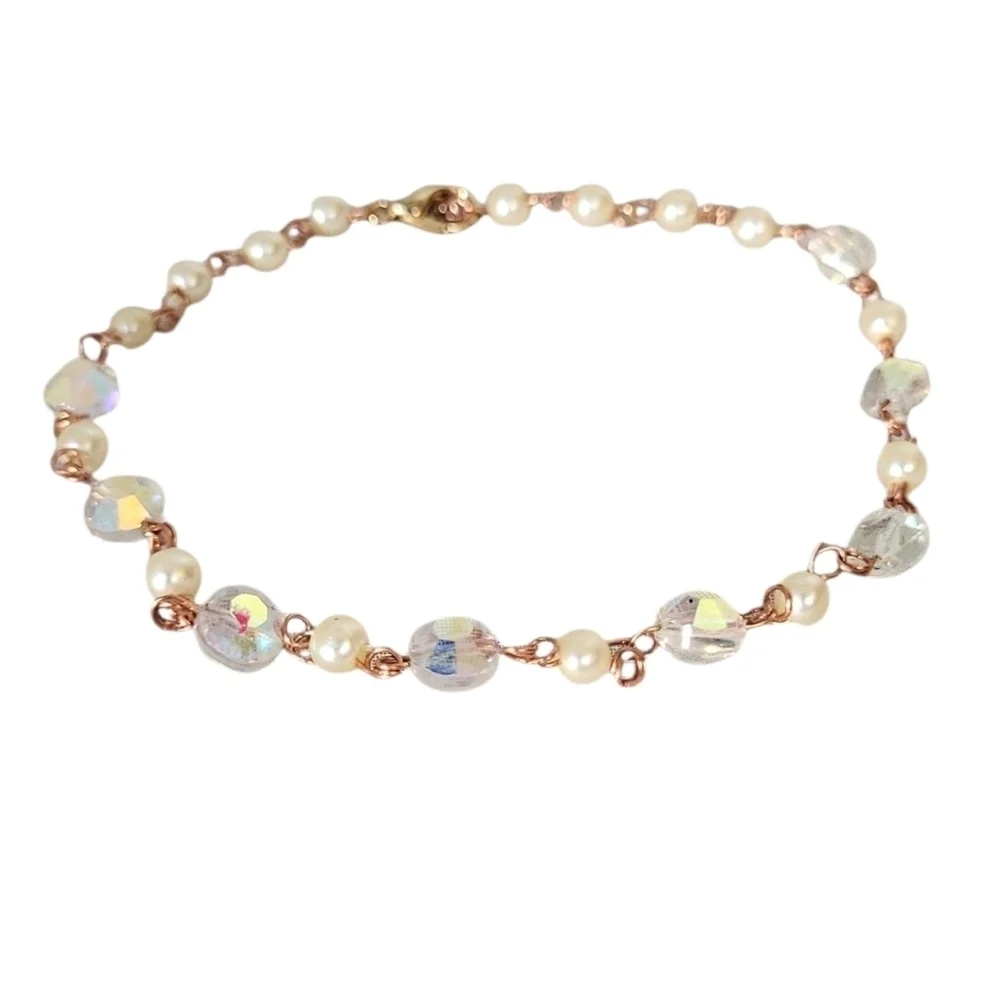 Dainty Pearl & Iridescent Crystal Chain Bracelet